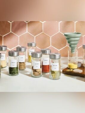 Figmint Glass Spice Jar Set w/ Labels & Collapsible Funnel